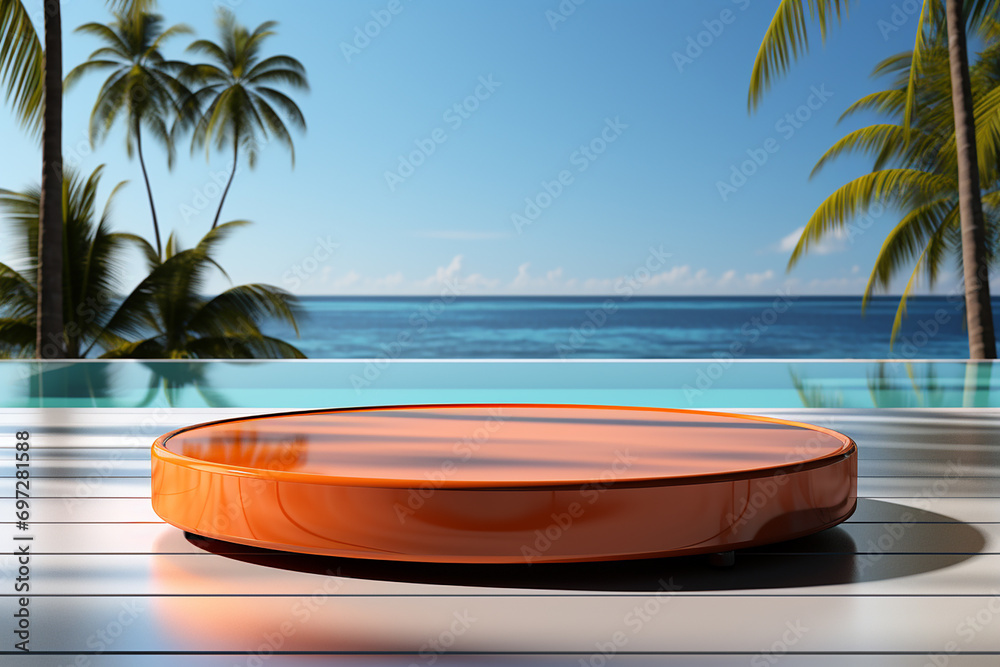 Fototapeta premium 3d rendered empty display podium on the water Minimal scene for product display presentation