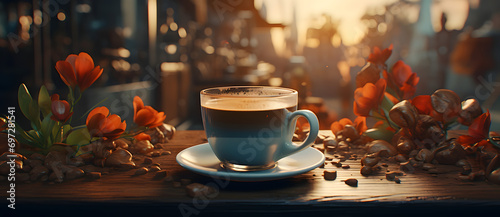 Steaming coffee cup with coffee beans on wooden table