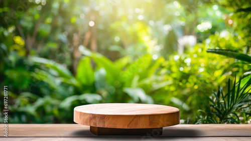 wooden product display podium with blurred nature leaves background Minimal scene for product display presentation