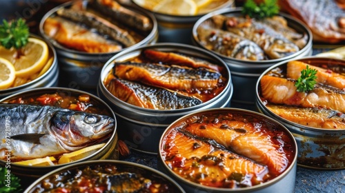 assortment of canned fish in open tins photo