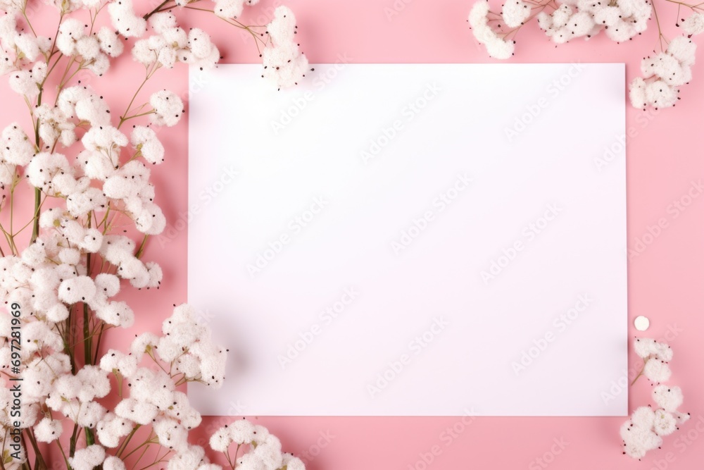 A blank paper with small white flowers surrounding it. Perfect for adding text or writing notes. Use it for invitations, greeting cards, or creative projects
