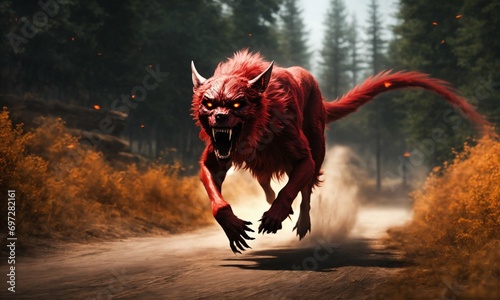 Terrifying red skinwalker running in ultra realistic style photo