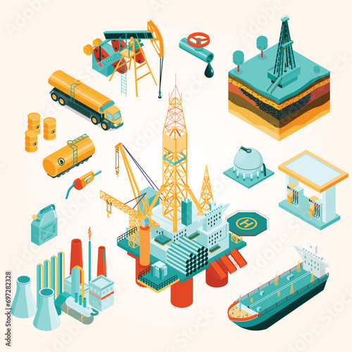 isolated isometric oil industry icon set with different elements equipment describing industry 3d