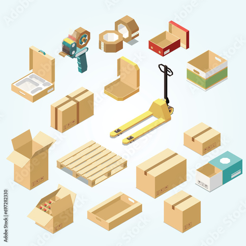 isometric set with cardboard boxes various kinds goods products isolated 3d