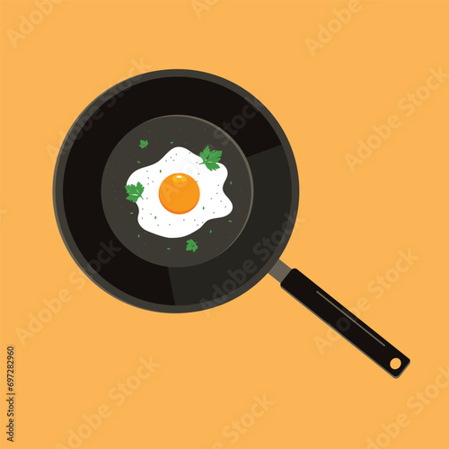 Broken fried egg on a frying pan with parsley. Breakfast vector illustration. 
