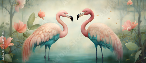 Two flamingos amidst tropical flora
