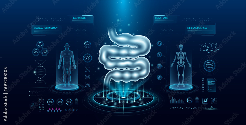 Small intestine health care technology with scan virtual interface hologram style. X ray and MRT human body examination. Medical diagnostic with HUD, GUI. Analysis in futuristic laboratory. Vector. - obrazy, fototapety, plakaty 