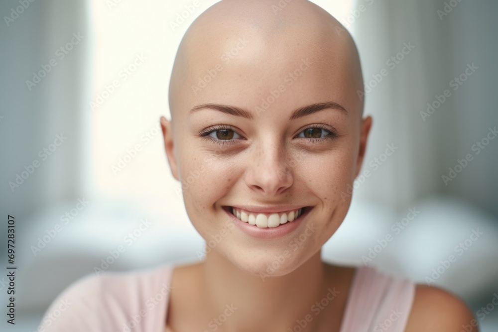A woman with a bald head smiling for the camera. Suitable for various uses A woman with a bald head smiling for the camera. Suitable for various uses