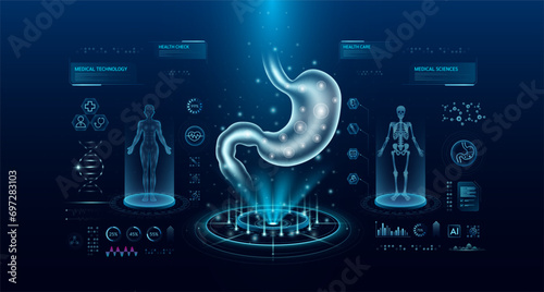 Stomach health care technology with scan virtual interface hologram style. X ray and MRT human body examination. Medical diagnostic with HUD, UI, GUI. Analysis in futuristic laboratory. Vector EPS10.