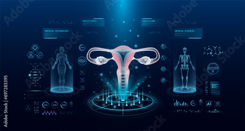 Uterus health care technology with scan virtual interface hologram style. X ray and MRT human body examination. Medical diagnostic with HUD, UI, GUI. Analysis in futuristic laboratory. Vector EPS10.