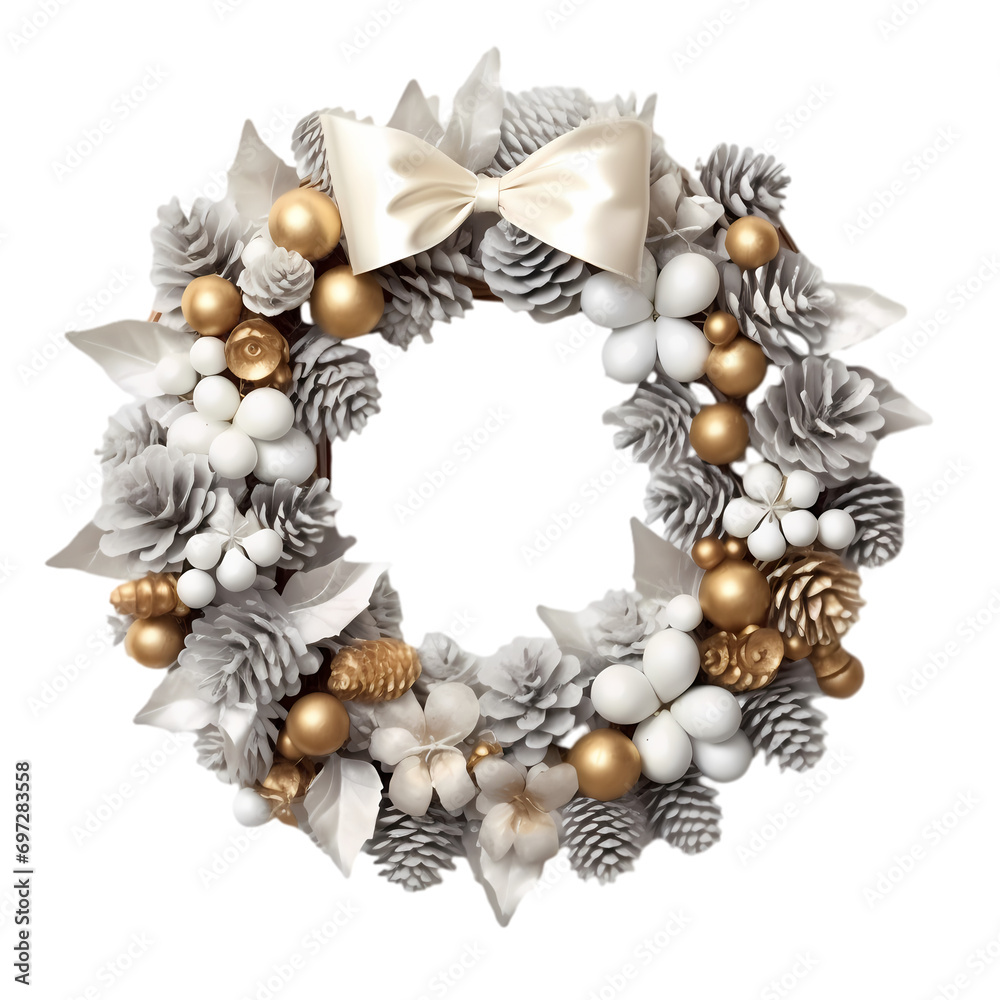 Obraz premium Platinum silver Christmas wreath isolated on transparent background