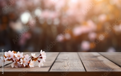 Empty wood table top with blurred Cherry blossoms and soft sun light in garden background