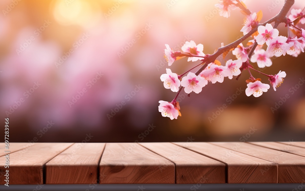 Empty wood table top with blurred Cherry blossoms and soft sun light in garden background
