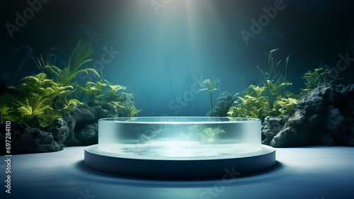 3d rendered abstract empty display podium underwater made with stone Minimal scene for product display presentation photo
