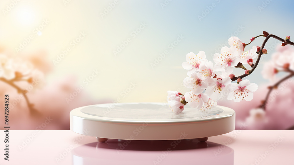 empty natural stone podium with flowers for showing packaging and product on blurred background, copy space ,3d rendered empty natural stone podium with flowers for showing packaging and product on blurred background, copy space ,3d rendered