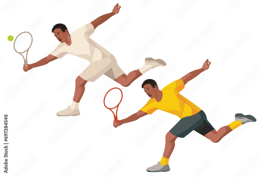 Dark-skinned handball tennis player in a white and yellow sportswear in profile who run forward to hit the ball