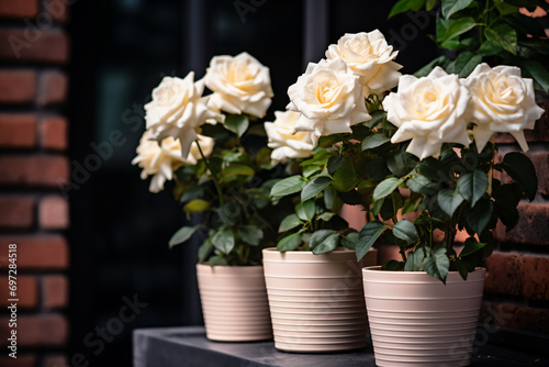a row of white roses in pots on a ledge