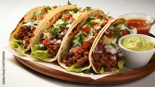 Three tacos on a plate with a side of guacamole.