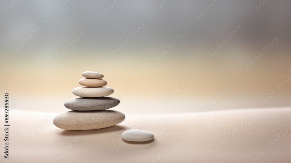 A pile of rocks sitting on top of a sandy beach. Zen pyramid, stack of pebbles on sand with wind patterns, calm neutral background.