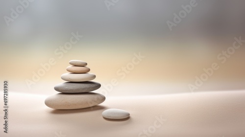 A pile of rocks sitting on top of a sandy beach. Zen pyramid  stack of pebbles on sand with wind patterns  calm neutral background.