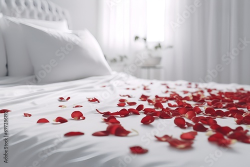 Valentine's Elegance: Rose Petals on Bed Sheets - Generative AI