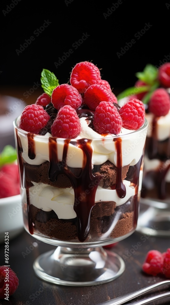 A dessert dish with raspberries and chocolate sauce. Valentine's Day desserts. A dessert dish with raspberries and chocolate sauce. Valentine's Day desserts.