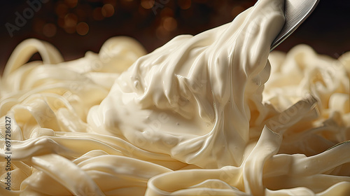 Close-up of a fork twirling creamy fettuccine Alfredo, Ai Generative