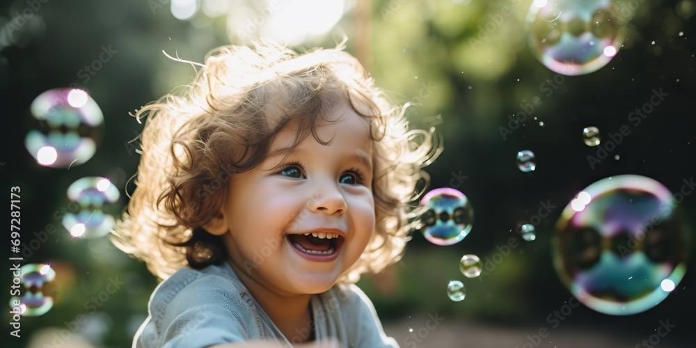 AI Generated. AI Generative. Happy fun child kid playing with soap bubbles outdoot nature meadow background. Face portrait with curvy hair. Graphic Art AI Generated. AI Generative. Happy fun child kid playing with soap bubbles outdoot nature meadow background. Face portrait with curvy hair. Graphic Art