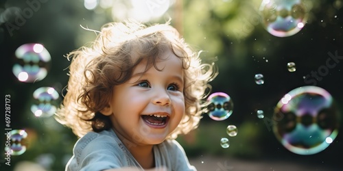 AI Generated. AI Generative. Happy fun child kid playing with soap bubbles outdoot nature meadow background. Face portrait with curvy hair. Graphic Art