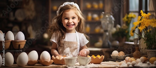 A joyful child girl is making an Easter cake for her mother in a bright kitchen bakery, with milk, eggs, and flour on the table.