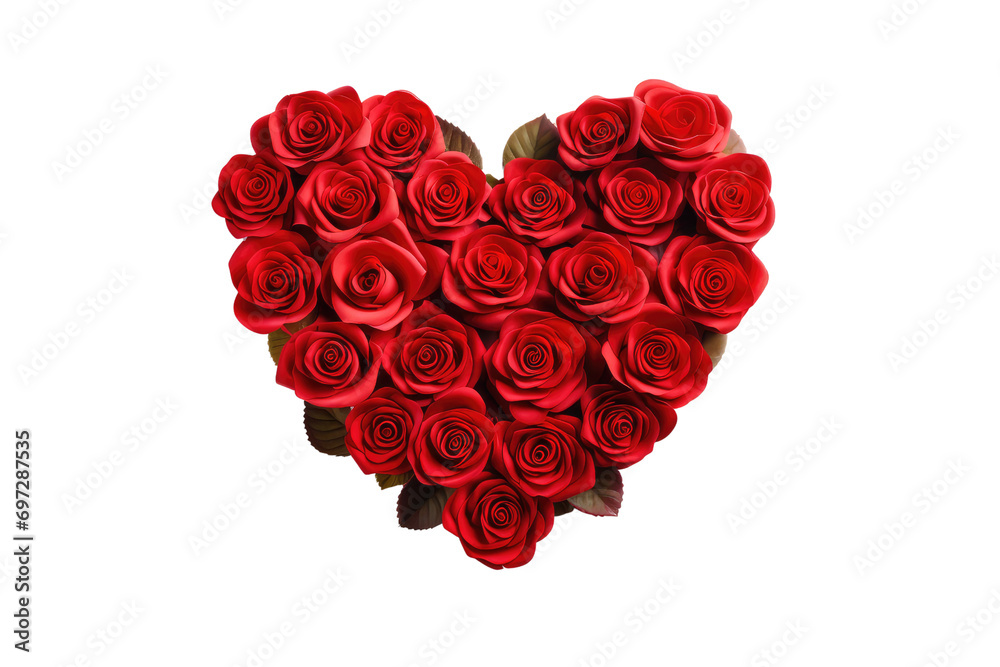 beautiful roses arranged in love shape on an isolated transparent background