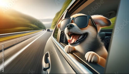 Un chiot drôle dans une voiture, rapide sur la route, évoquant vitesse et joie en automobile photo