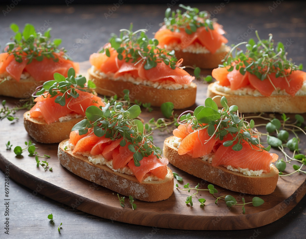 Bruschetta with red fish and microgreens Bruschetta with red fish and microgreens