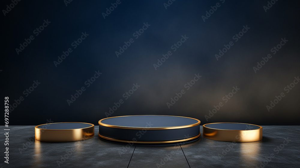 3d rendered empty display elegant luxury blue and gold theme podium with leaves Minimal scene for product display presentation