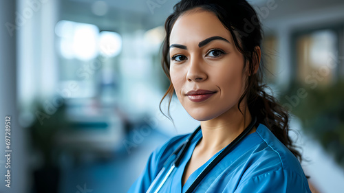 headshot portrait of woman female nurse or registered nurse working in a hospital helping to provide healthcare to people photo