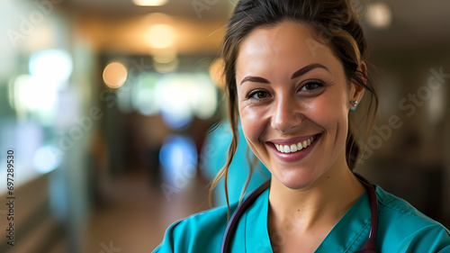 headshot portrait of woman female nurse or registered nurse working in a hospital helping to provide healthcare to people photo