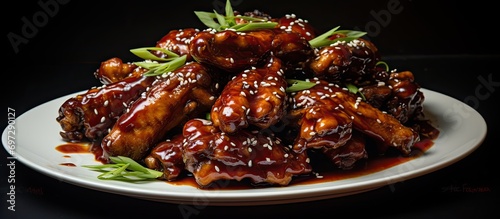 Korean-style spicy chicken wings served with BBQ red sauce, cooked slowly in a slow cooker and then baked in the oven. photo
