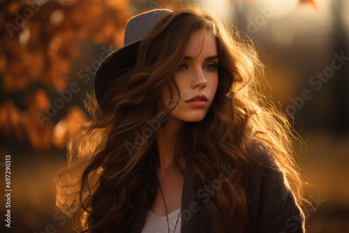 Golden hour light illuminates this outdoor portrait of a girl model, blending the warmth of fall with her youthful charm and elegance.