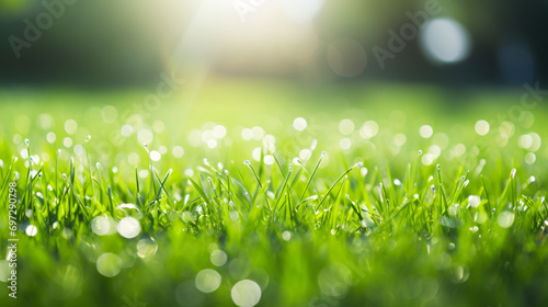 Empty lawn close-up, lush green grass with dew drops background