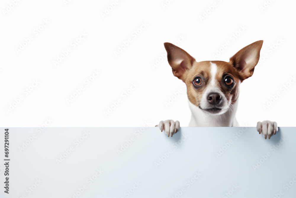 a dog is peeking over a blank sign