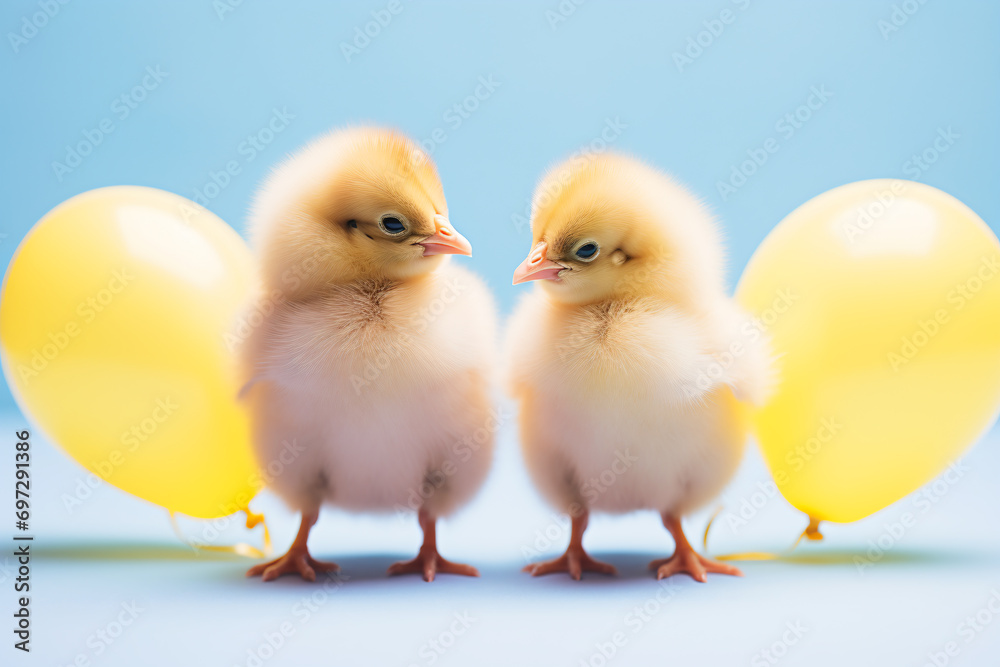 two small chickens standing next to each other with yellow balloons