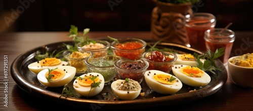 Egg appetizers with condiments on table