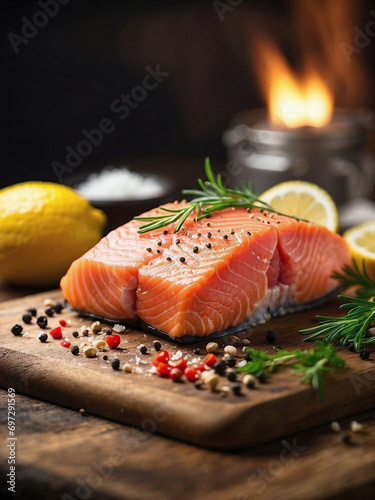 Fresh salmon fish on wooden board