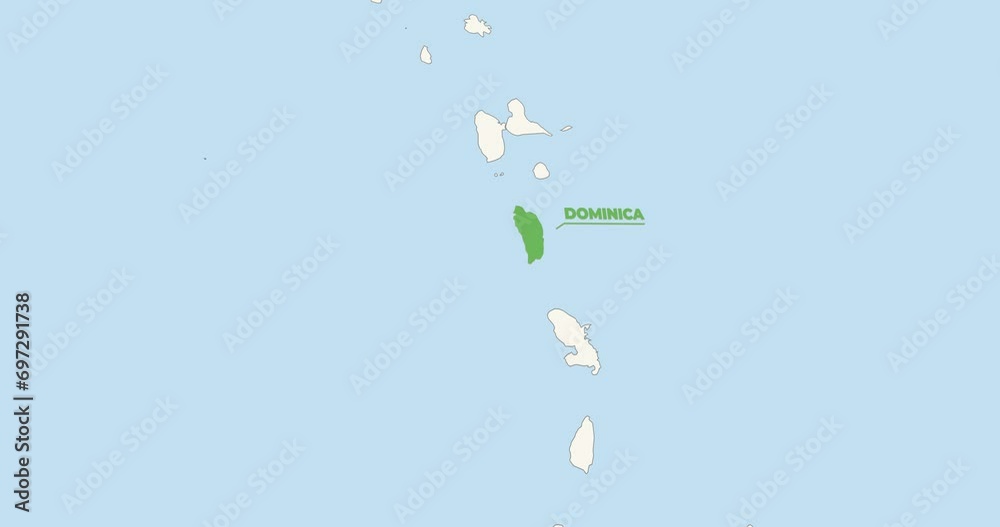 World Map Zoom In To Dominica. Animation in 4K Video. Green Dominica Territory On Blue and White World Map