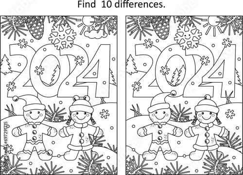Year 2024 difference game and coloring page with year 2024 heading, gingerbread man and gingerbread girl, cheerful snowflake and outdoor winter scene
