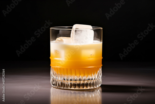a glass of orange juice with ice cubes