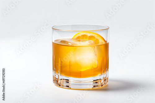a glass of orange juice with a slice of orange photo