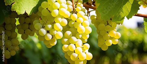 Close-up photo of white wine grapes with grape leaves in a vineyard, fully matured.