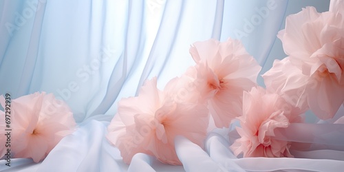 AI Generated. AI Generative. Soft elegant silk flowers decorative art in blue white pink colors. Graphic Art © AkimD