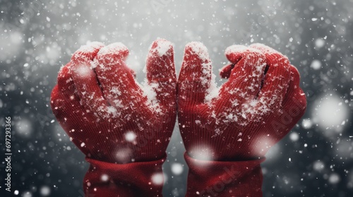 hands in red gloves forming love shape on snowy background